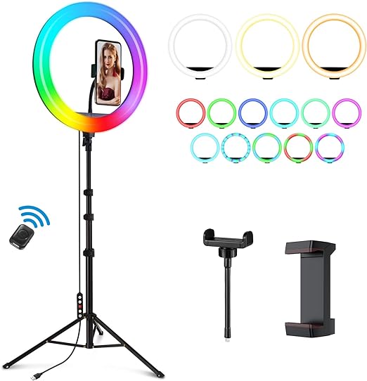 12" ring light stand 72" tall and 2 phone holders, 38 color modes