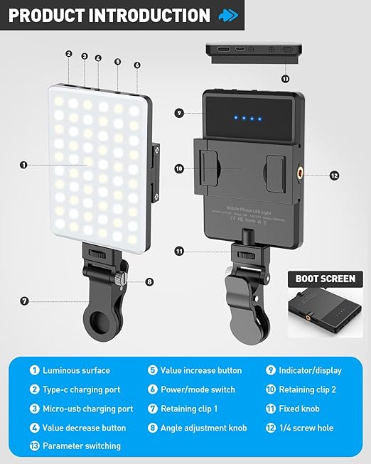 LED mobile phone light with front and rear clips CRI 95+ suitable for iPhone, iPad, selfie, Vlog, makeup, TikTok
