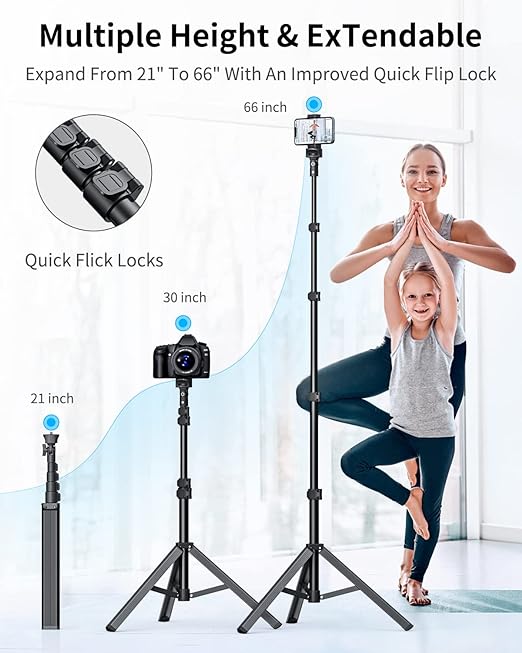 Tripod for IPhone - 66 inches with remote control, compatible with iPhone 15 Pro Max 14 13 Plus, Samsung S22/Camera/GoPro/Video Recording